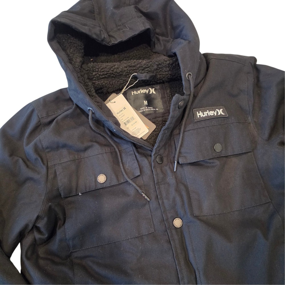 Hurley Mens Charger Jacket Black Sherpa Lined Hooded Cotton Utility Coat M